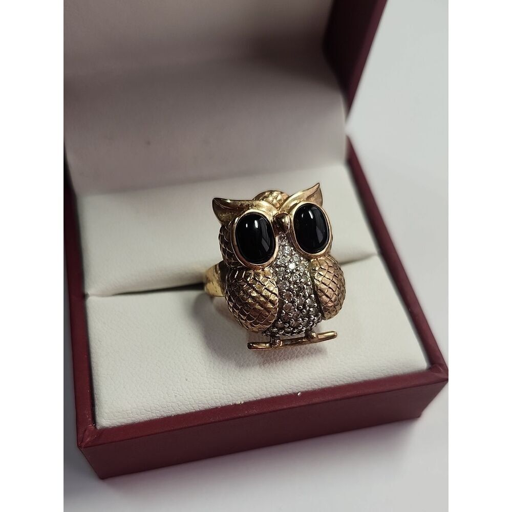 Gold Over Sterling VintageOwl Cocktail Ring with Black Onyx Eyes Size 7